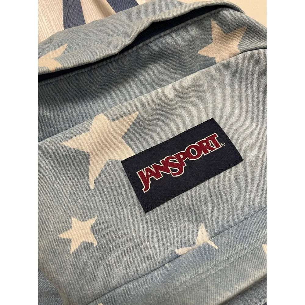 JanSport Right Pack Backpack Blue Denim Star Print Suede Bottom School Bag